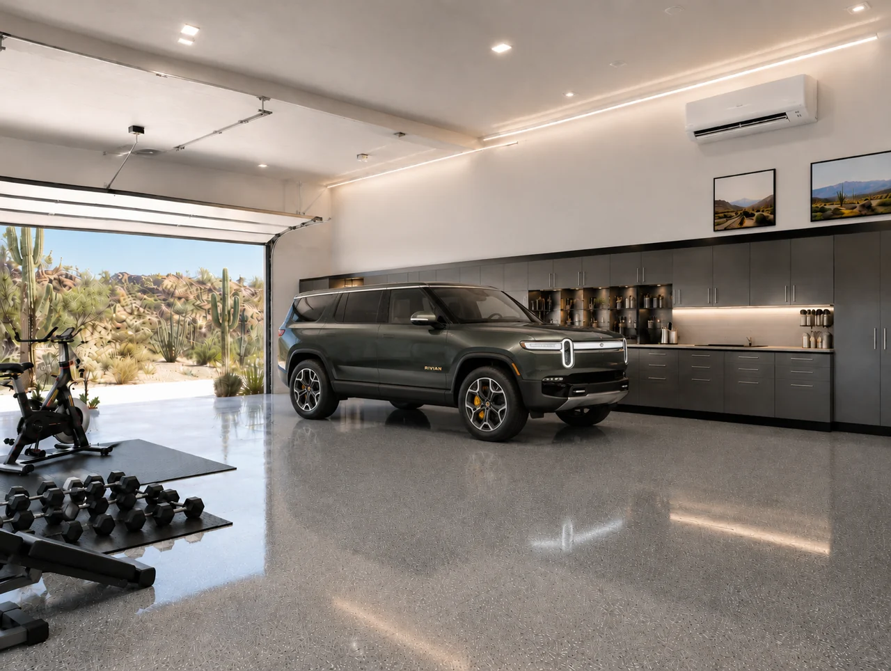 Polished three-car garage set up as a flexible gym and workshop space
